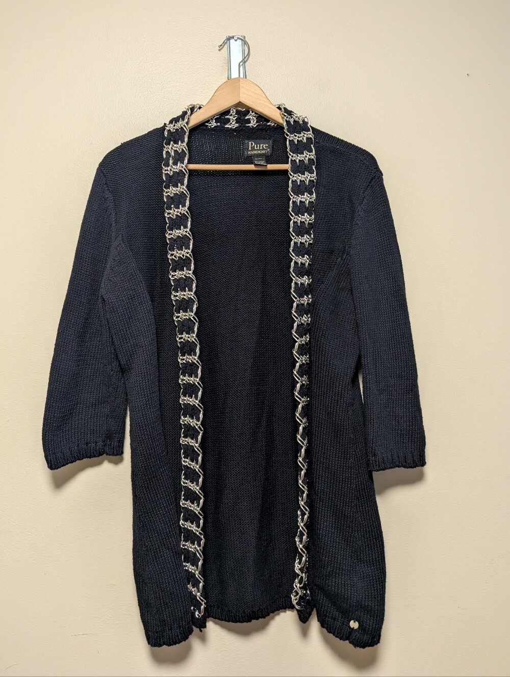 Pure Handknit Black Cotton Chain Trim Cardigan L/XL Boho Open Front